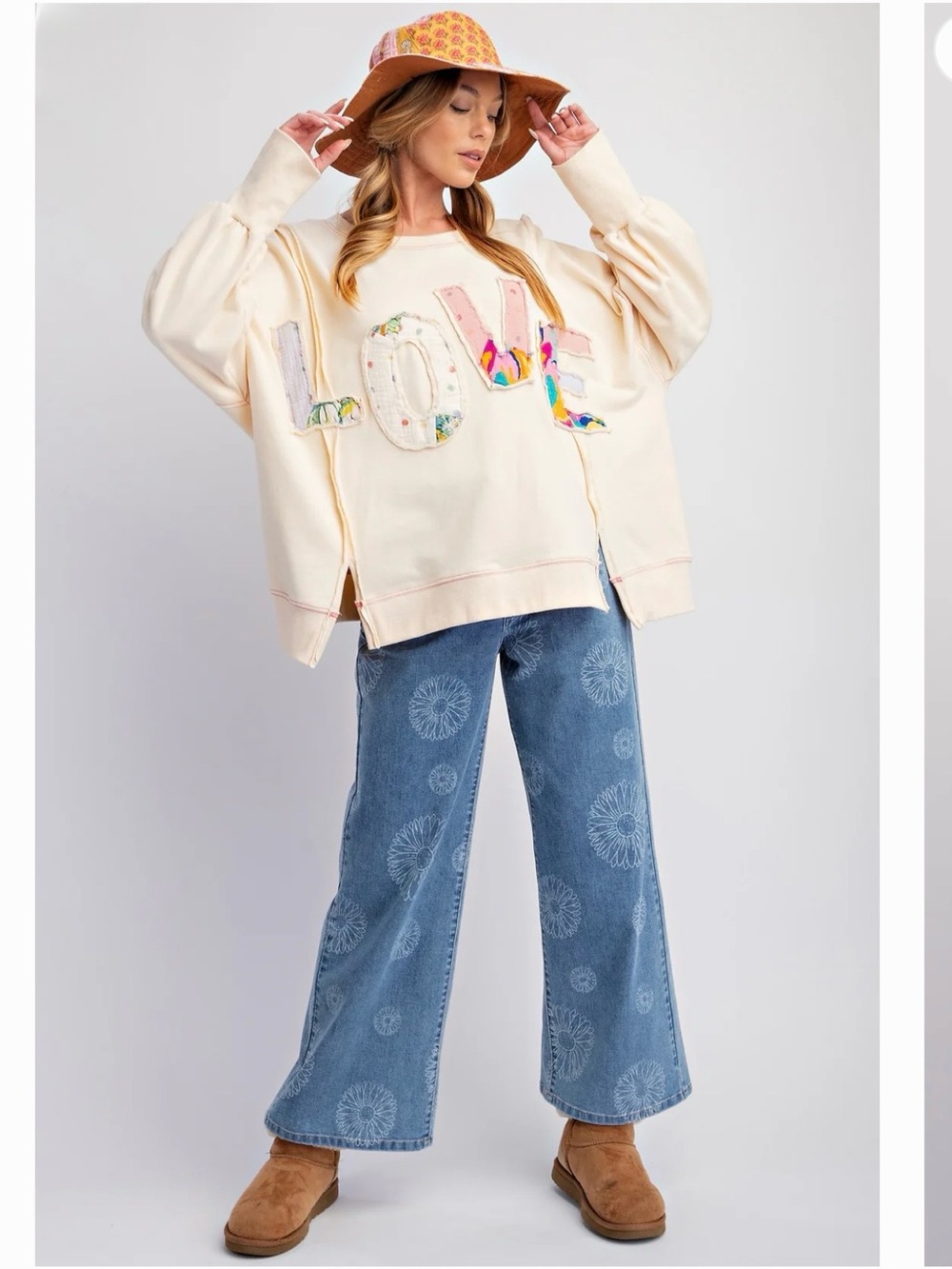 New: Easel Boho “Love Patch” Washed Terry Knit Long Sleeve Pullover Top• Small